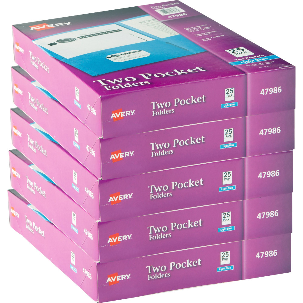 Avery Letter Pocket Folder - 8 1/2in x 11in - 40 Sheets Capacity - 2 Internal Pocket - Light Blue - Embossed - 25/Box - 5 / Carton MPN:47986CT