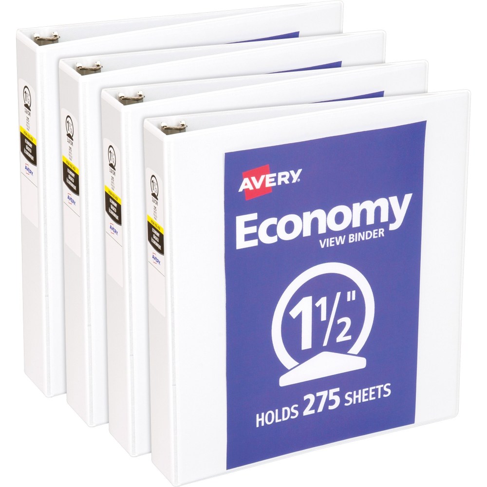 Avery Economy View Binder, 1 1/2in Ring, 8 1/2in x 11in, White, Pack Of 4 MPN:05726BD