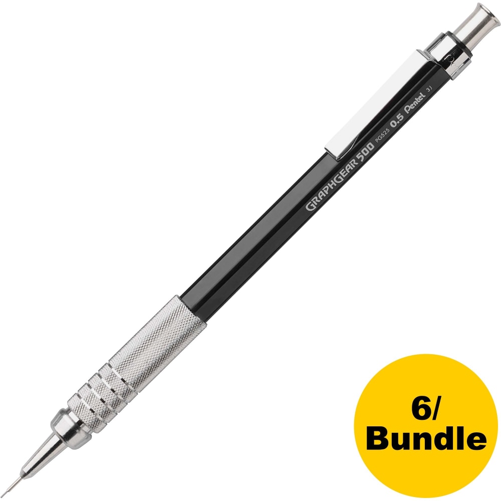 Pentel GraphGear 500 Mechanical Pencils, HB Lead, Fine Point, 0.5 mm, Black Barrel, Pack Of 6 MPN:PG525ABD