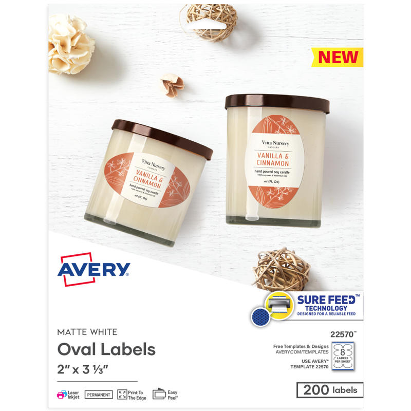 Avery Printable Blank ID Labels, 22570, Oval, 2in x 3-1/3in, White, Pack Of 200 Labels MPN:22570