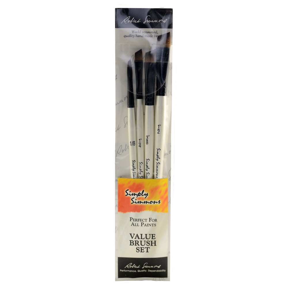 Robert Simmons Simply Simmons Value Paint Brush Set, Assorted Sizes, Angle Bristle, Synthetic, White, Set Of 4 MPN:255400006