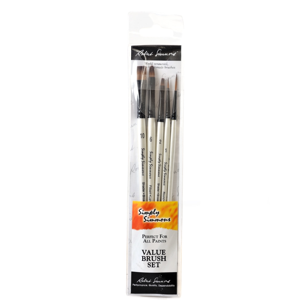 Robert Simmons Simply Simmons Value Paint Brush Set, Everything Set, Assorted Sizes, Assorted Bristles, Synthetic, White, Set Of 5 MPN:255500001