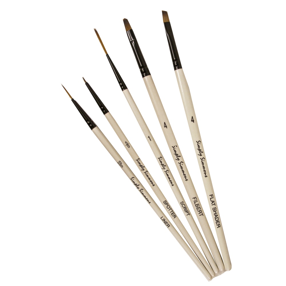 Robert Simmons Simply Simmons Value Paint Brush Set, Devilish Detail, Assorted Sizes, Assorted Bristles, White, Set Of 5 MPN:255500003