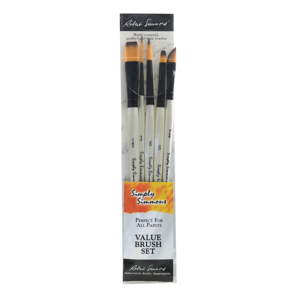Robert Simmons Simply Simmons Value Paint Brush Set, Assorted Sizes, Assorted Bristles, Synthetic, White, Set Of 5 MPN:255500006