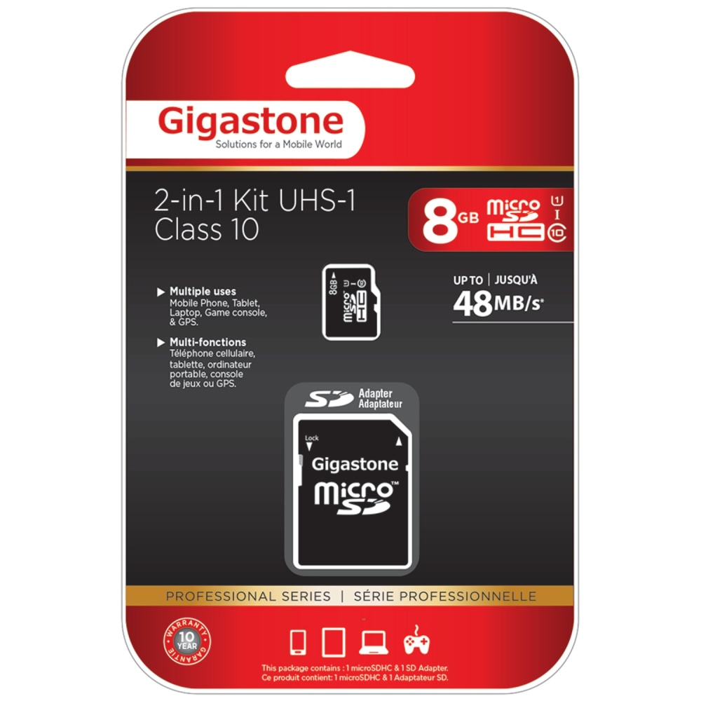 Gigastone Class 10/UHS-1 microSDHC Card And SD Adapter, 8GB, DEM2IN1C1008GR MPN:GS-2IN1C1008G-R