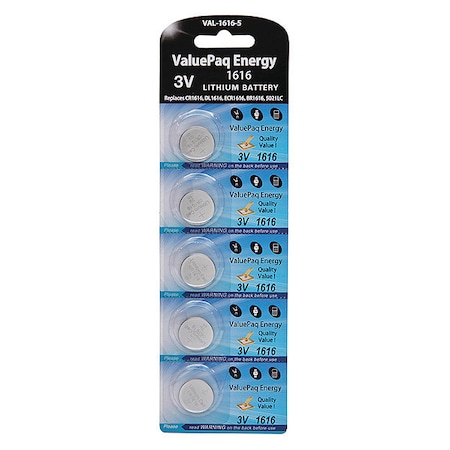 Battery 3 Volt Lithium (CR) Dantona 5 Pack Lithium Batteries MPN:VAL-1616-5