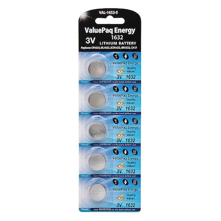 Battery 3 Volt Lithium (CR) Dantona 5 Pack Lithium Batteries MPN:VAL-1632-5