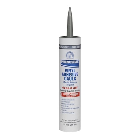 Acrylic Latex Adhesive Caulk, 10 oz, Cartridge, Metallic Gray, Acrylic Latex Base, Phenoseal MPN:04102
