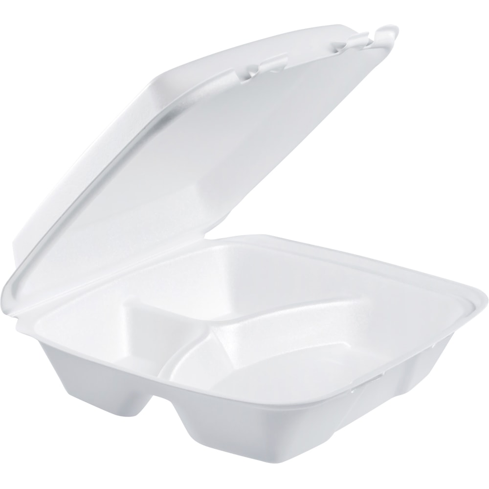 Dart Large Carryout Foam Trays, 3 Compartments, 9in x 9in, White, Pack Of 100 (Min Order Qty 2) MPN:90HT3R