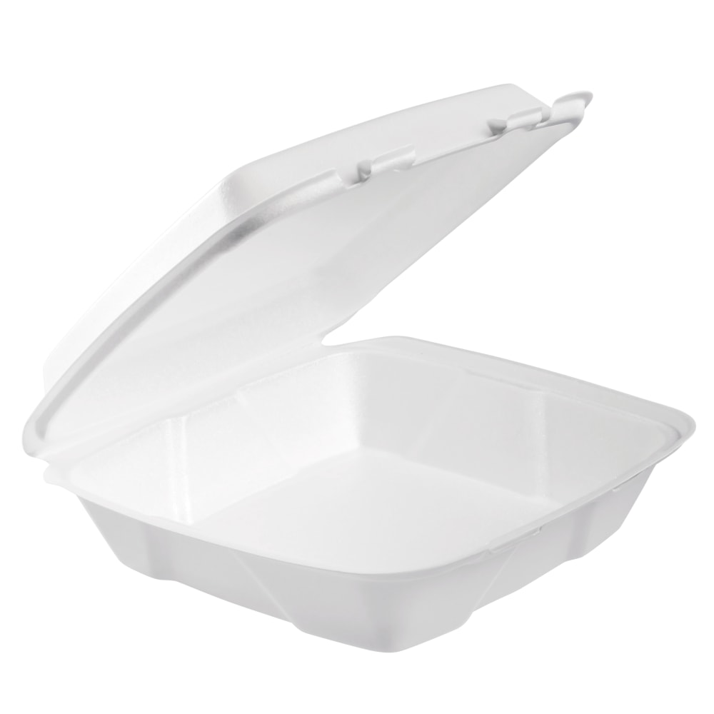 Dart Hinged-Lid Foam Containers, 3inH x 9inW x 3inD, White, 100 Containers Per Bag, Carton Of 2 Bags MPN:90HTPF1R