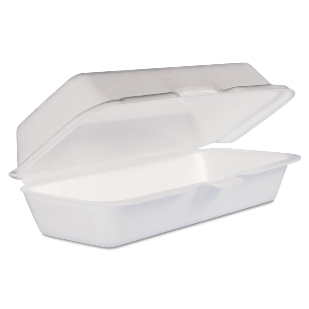 Dart Foam Hinged-Lid Containers, Hot Dog, 2-5/16inH x 3-13/16inW x 7-1/8inD, White, 125 Containers Per Bag, Carton Of 4 Bags MPN:72HT1