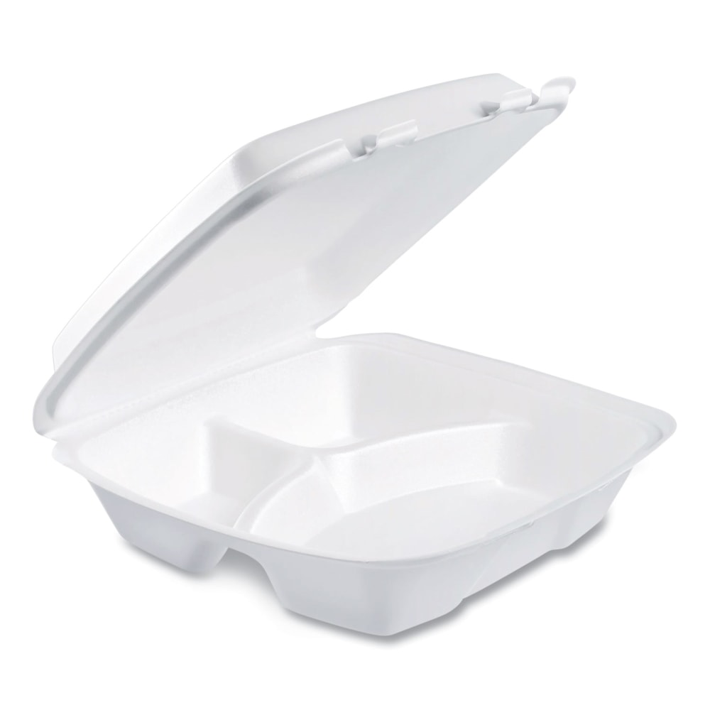 Dart Foam Hinged-Lid Containers, Performer Perforated Lid, 3-Compartment, 3inH x 9inW x 9-7/16inD, White, 100 Containers Per Bag, Carton Of 2 Bags MPN:90HTPF3R