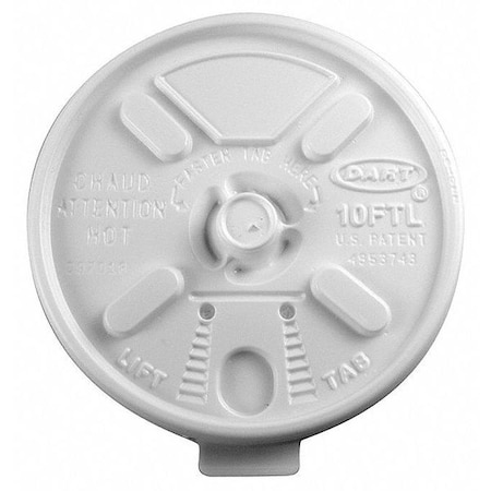 Lid for 10 oz. Hot Cup, Flat, Lock Back Tear Tab, White, Pk1000 MPN:10FTL