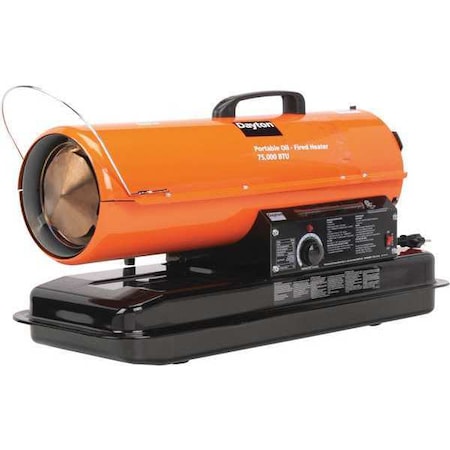 Portable Oil and Kerosene Torpedo Heater, 75, 000 BtuH, 265 cfm, 1, 700 sq ft Heat Area 5 gal MPN:3VE49