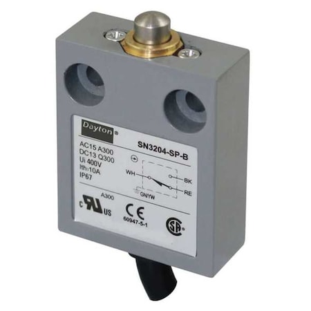 Limit Switch, Plunger, SPDT, 10A at 300V AC, Actuator Location: Top MPN:12T931