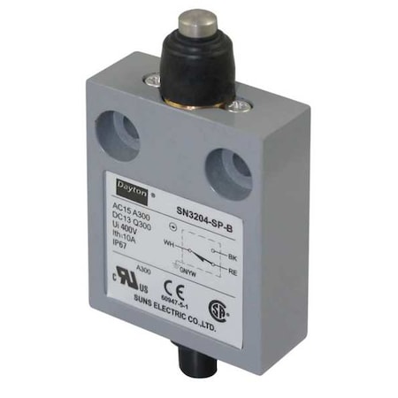 Limit Switch, Plunger, SPDT, 10A at 300V AC, Actuator Location: Top MPN:12T932
