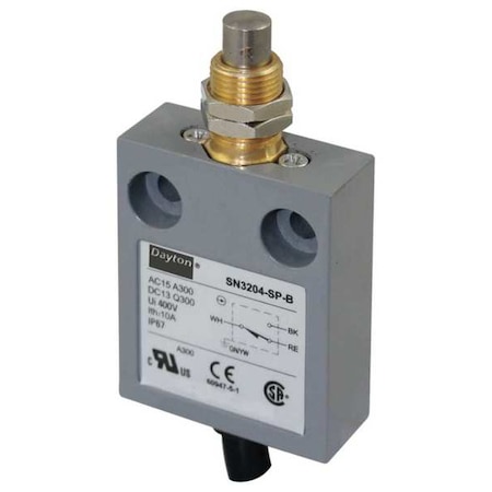 Limit Switch, Plunger, SPDT, 10A at 300V AC, Actuator Location: Top MPN:12T946