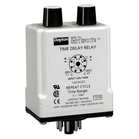 Single Function Time Delay Relay, Octal, Cycle On, 1 Functions 120V AC/DC, DPDT MPN:1EGD3