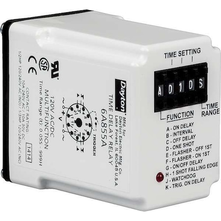 Multifunction Time Delay Relay, Octal, Multi Function, 10 Functions 12V DC, DPDT MPN:5DRA2