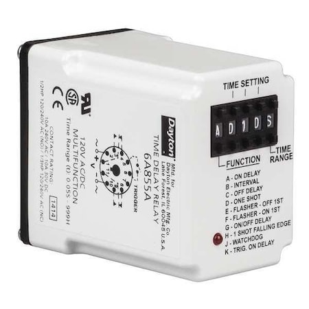 Multifunction Time Delay Relay, Octal, Multi Function, 10 Functions 120V AC, DPDT MPN:6A855