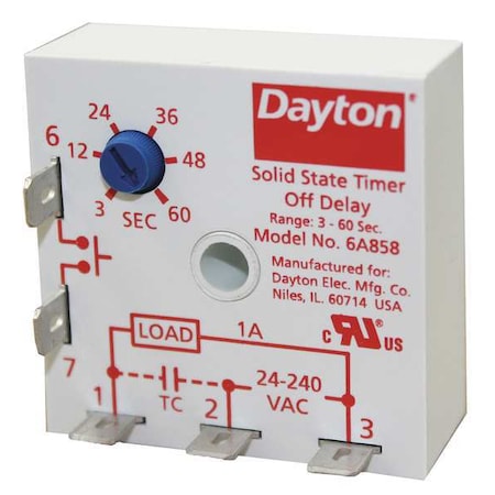 Single Function Encapsulated Timing Relay, Square, Off Delay, 1 Functions 240V AC, SPST-NO MPN:6A858