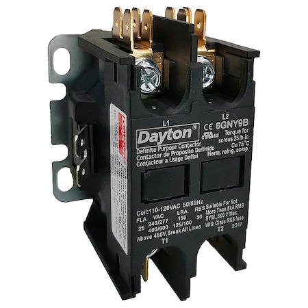 Definite Purpose Magnetic Contactor, 120V AC, 2 P, Non-Reversing, 1 Phase, Screw MPN:6GNY9