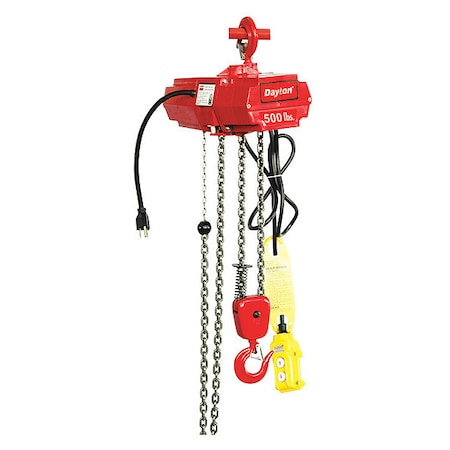 Electric Chain Hoist, 500 lb, 20 ft, Hook Mounted - No Trolley, 115V AC, Red MPN:2GTD3