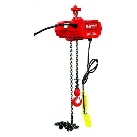 Electric Chain Hoist, 1, 000 lb, 15 ft, Hook Mounted - No Trolley, 115V AC, Red MPN:2GXH1