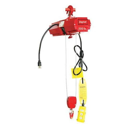 Electric Wire Rope Hoist, 500 lb, 10 ft, Hook Mounted - No Trolley, 115V AC, Red MPN:4GU72