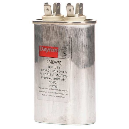 Motor Run Capacitor, Oval, 370V AC, 10 mfd, 3 5/8 in Overall H MPN:2MDV7