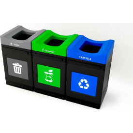 Commercial Zone® Avante 3-Stream Standard Open Top Recycling Can 55 Gal. Cap. Gray/Blue/Green 787301MSA