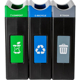Commercial Zone® Avante 3-Stream Narrow Open Top Recycling Can 30 Gal. Cap. Gray/Blue/Green 787305MSA