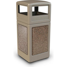PolyTec™ Square Waste Container w/Dome Lid - Beige w/Riverstone Stone Panels 42-Gallon 72041599