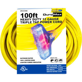 DuroMax Heavy Duty Triple Tap Extension Power Cord SJTW 12 Gauge 15A 120V 100'L Yellow XPC12100C