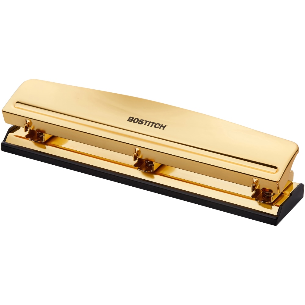 Bostitch 3-hole Punch - 3 Punch Head(s) - 12 Sheet - 9/32in Punch Size - Metal, Rubber - 2.5in x 10.6in - Yellow, Gold (Min Order Qty 5) MPN:HP12GOLD