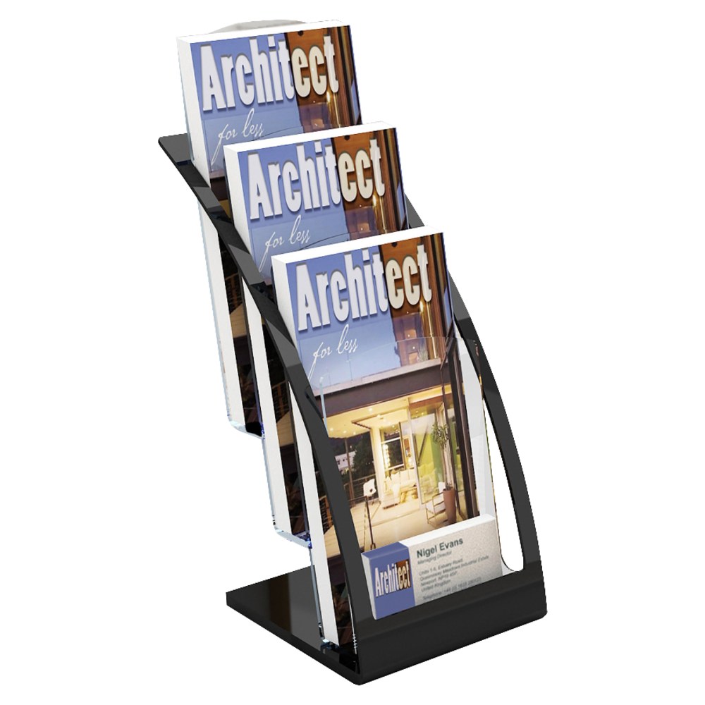 Deflecto Contemporary Literature Holder, 3 Leaflet Size Compartments, 13 5/16inH x 6 3/4inW x 6 15/16inD, Black/Clear (Min Order Qty 2) MPN:693604