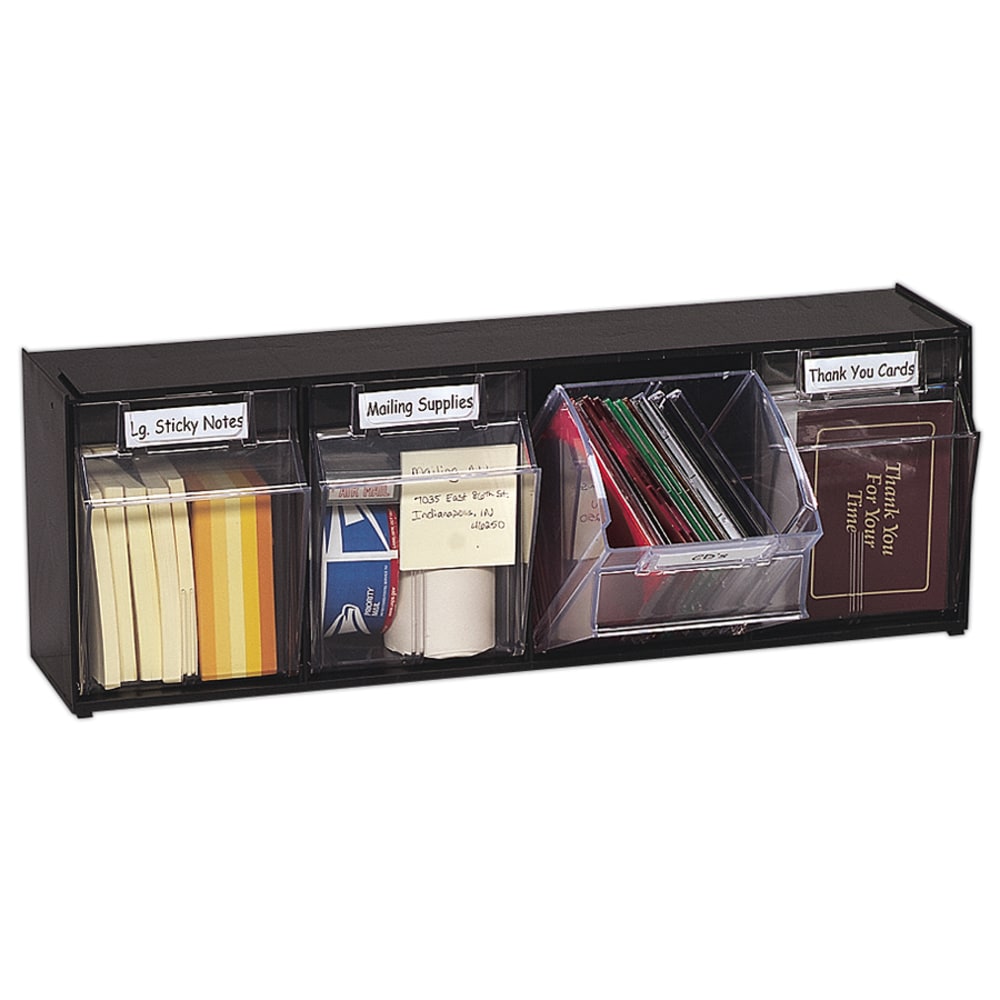 Deflecto Interlocking Horizontal Tilt Bin, 4 Bins, Medium Size, 8 1/8in x 23 5/8in x 6 5/8in, Black/Clear MPN:20404OP