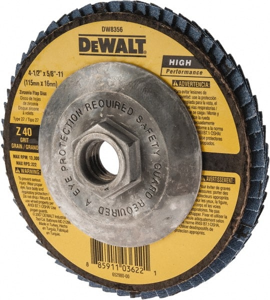 Flap Disc: 5/8-11 Hole, 40 Grit, Zirconia Alumina, Type 27 MPN:DW8356