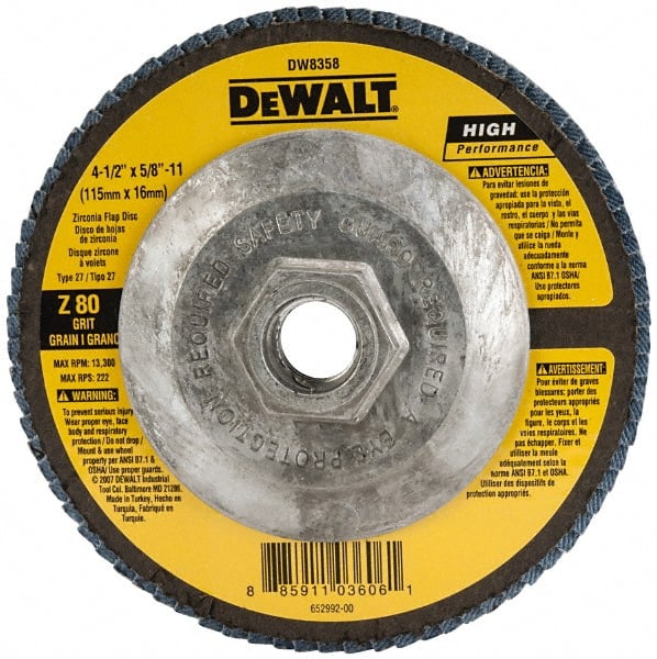 Flap Disc: 5/8-11 Hole, 80 Grit, Zirconia Alumina, Type 27 MPN:DW8358