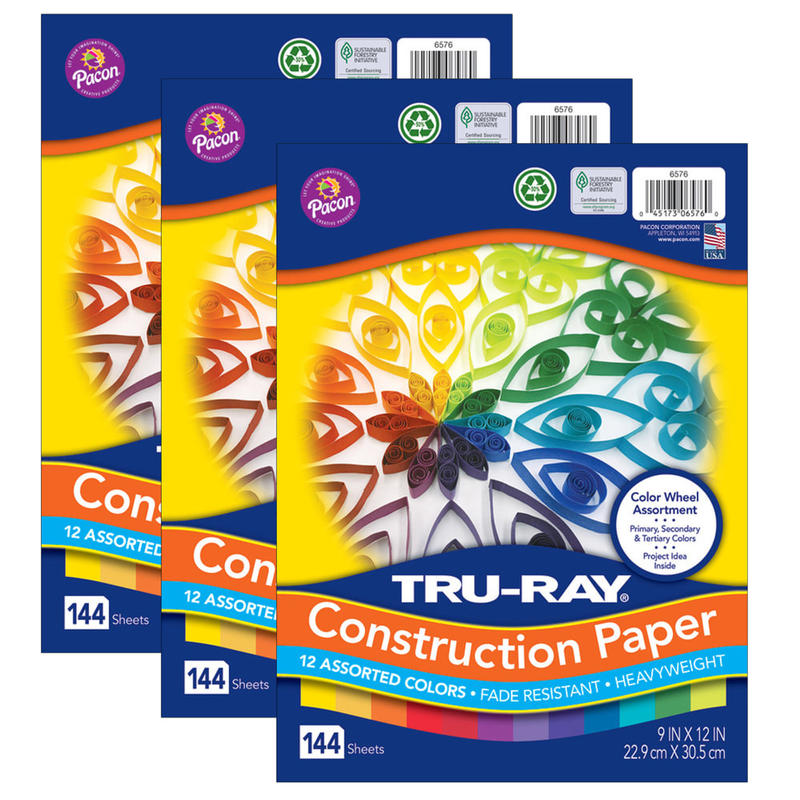 Tru-Ray Construction Paper, Heavyweight, 9in x 12in, Color Wheel Assortment, 12 Vibrant Colors, 144 Sheets Per Pack, Set Of 3 Packs MPN:PAC6576-3