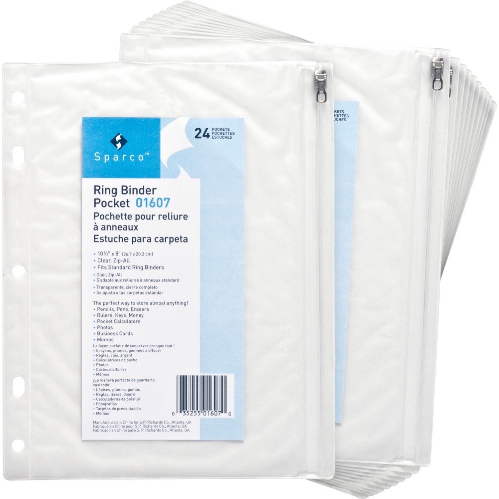 Business Source Punched Economy Binder Pocket, 10inH x 8inW, 7 x Holes, Ring Binder, Clear, Plastic, 24 / Box MPN:01607BX