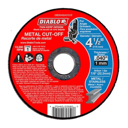 Abrasive Cut-Off Wheel, Type 1, 4-1/2 in Dia, 0.04 in Thick, Aluminum Oxide MPN:DBD045040125F