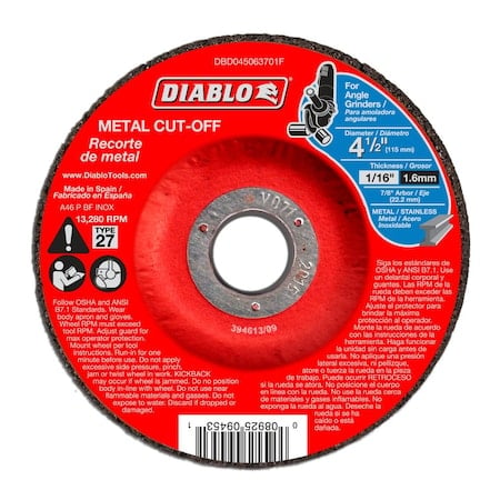 Abrasive Cut-Off Wheel, Type 27, 4-1/2 in Dia, 1/16 in Thick, Aluminum Oxide MPN:DBD045063710F