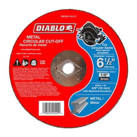 Abrasive Cut-Off Wheel, 6-1/2 in Dia, 1/8 in Thick, Aluminum Oxide MPN:DBD065125L01F