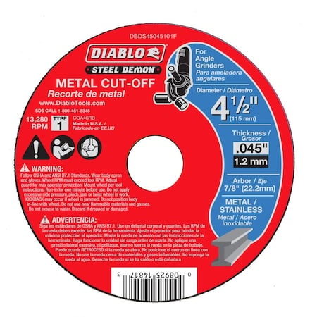 Abrasive Cut-Off Wheel, Type 1, 4-1/2 in Dia, 0.045 in Thick, Ceramic MPN:DBDS45045101F