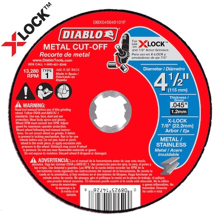 Thin Kerf Metal Cut-Off Disc for X-Lock, TYpe 1, 4-1/2 in Dia, 0.045 in Thick, Aluminum Oxide MPN:DBX045045101F