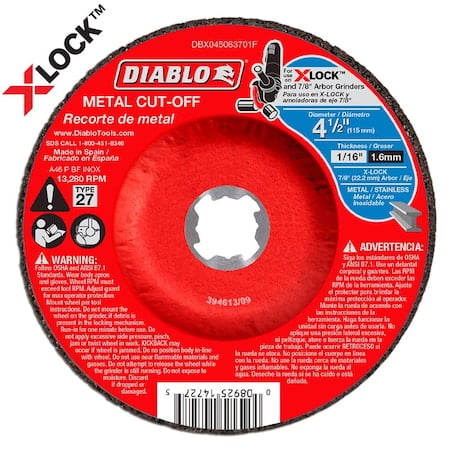Type 27 Metal Cut-Off Disc for X-Lock an, Type 27, 4-1/2 in Dia, 1/16