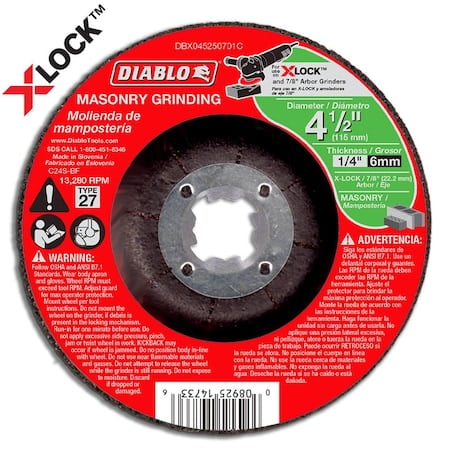 Type 27 Masonry Grinding Disc for X-Lock, Type 27, 4-1/2 in Dia, 1/4