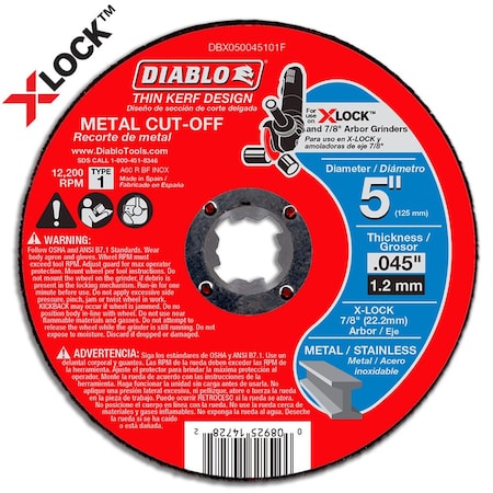 Thin Kerf Metal Cut-Off Disc for X-Lock, 5 in Dia, 0.045 in Thick, Aluminum Oxide MPN:DBX050045101F