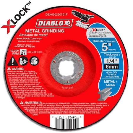 Type 27 Metal Grinding Disc for X-Lock a, Type 27, 5 in Dia, 1/4